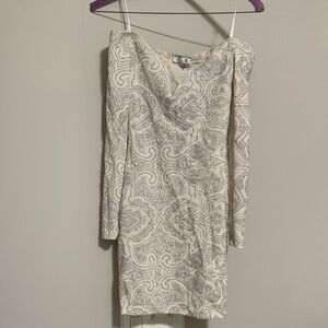 G by Guess Cream and Gray Long Sleeve Dress